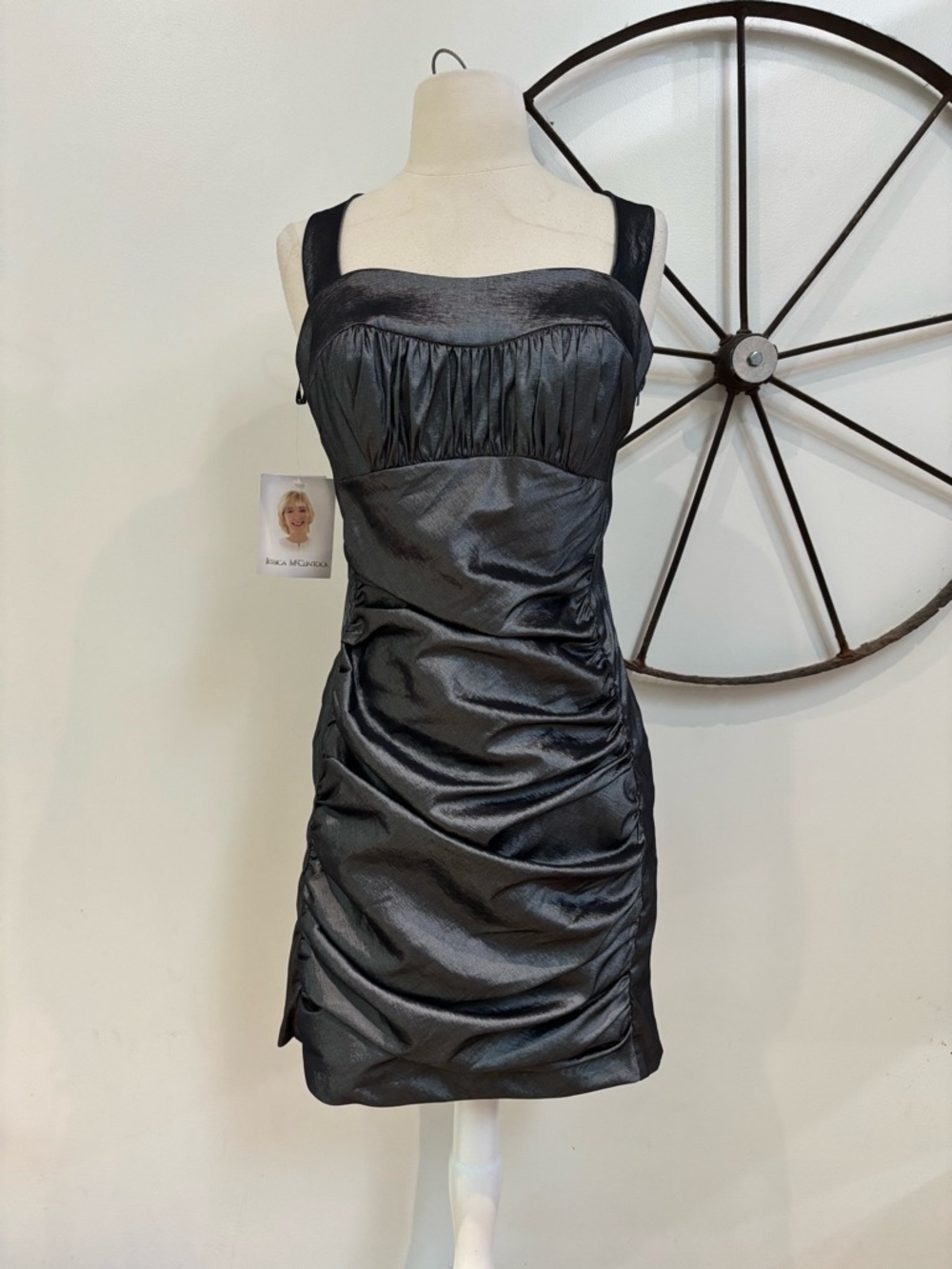 Jessica McClintock gun metal silver pewter metallic bodycon mini dress NWT 10